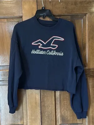 HOLLISTER Women’s Cropped Crewneck Sweatshirt Navy Blue Seagull Logo Size Small thumbnail 2