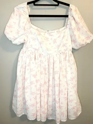 ABLE Pink Floral Babydoll Mini Dress Puff Sleeve Cottagecore Large thumbnail 1