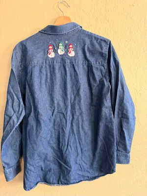 KAREN Scott small Denim Christmas embroidered button up thumbnail 2