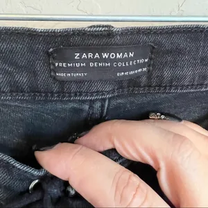 Zara Black High Rise Lace Up Fly Kick Out Crop Released Raw Hem Flare Jeans‎ thumbnail 10