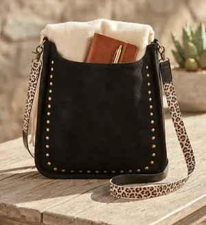 Ahdorned Black Micro Suede Studded Messenger Crossbody Bag Interchangeable Strap thumbnail 1