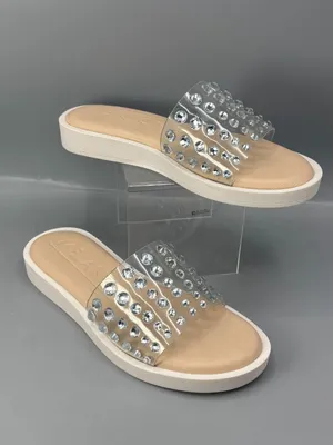 Antonio Melani Slide Sandals Womens 5 Tan Clear Rhinestones Flat Heel Slip On thumbnail 2