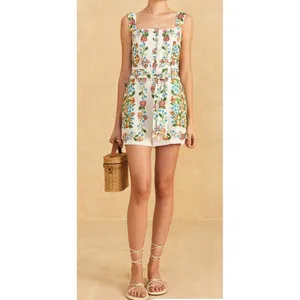 Farm Rio Tropical Romance Romper Medium White Floral Linen Cottagecore Summer thumbnail 2