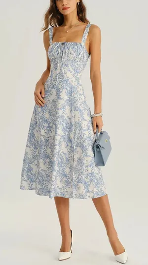 Rihoas Blue Floral Ruched Slip Midi Dress thumbnail 1