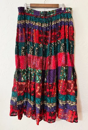 Vtg Christine Parker Cotton Block Print Faux Patchwork Maxi Skirt M Drawstring thumbnail 1