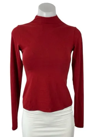 Skims Women's Red Mock Neck Long Sleeve Slim Jersey Tee T-Shirt Blouse Top Sz S thumbnail 1