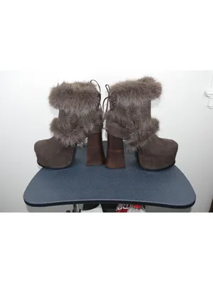 Dolls Kill Fur Trim Suede Platform Boots Brown Chunky Heel Mid-Calf, Size 10 thumbnail 4