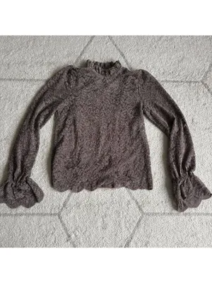 Eri + Ali Anthropologie Brown Floral Lace Blouse Ruffle High Neck Bell Sleeve thumbnail 2