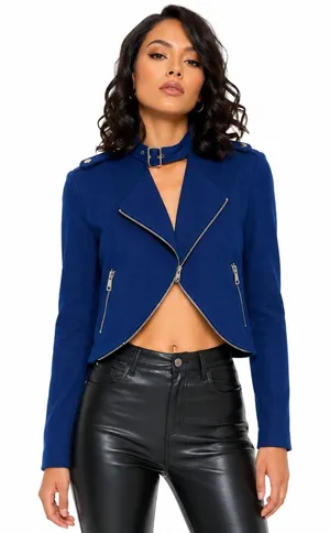 NWT Chocolate Moto Jacket Textured Cropped Open Front Royal Blue Edgy Size M thumbnail 1