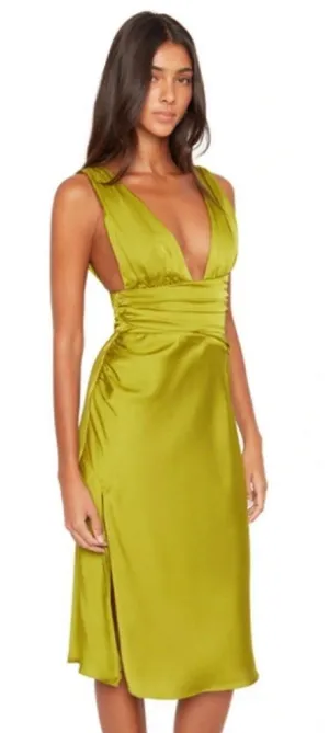 Guizio Satin Plunge Neck Midi Dress with Ruched Waist thumbnail 1