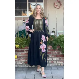 FARM RIO Floral Long Sleeve Midi Dress in Black Size XS thumbnail 2