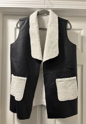 Black Faux Leather Sherpa-Lined Vest with Cream Trim thumbnail 1