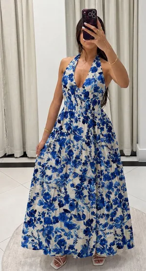 Commense Resort Sunshine Blue Floral Vacation Casual Maxi Dress NWT Small thumbnail 1