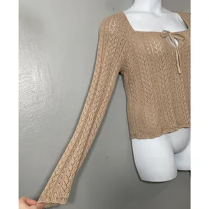 American Eagle Crochet Knit Sweater Size XL Tan Pointelle Boho Romantic Y2K thumbnail 2