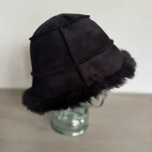 Black Faux Fur Black Bucket Hat Rocker Goth‎ Y2K Reversible? One Size thumbnail 8