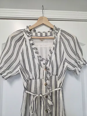 Anthropologie Linen Blend Striped Midi Dress Size 2 Cottagecore Prairie Blk Whit thumbnail 4