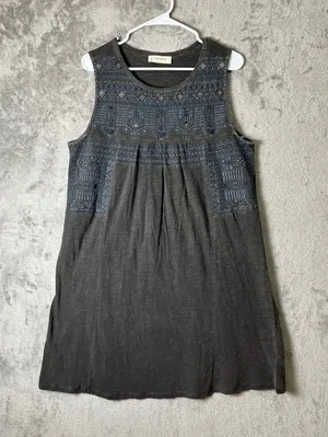 Lucky‎ Brand Womens Large Embroidered Mini Dress Gray Boho Festival Indie New thumbnail 1