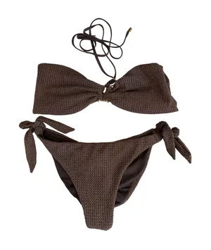 Fiory Beach & Street Brown Crochet Knit Bikini Set Bandeau Top Side Tie Bottom L thumbnail 1