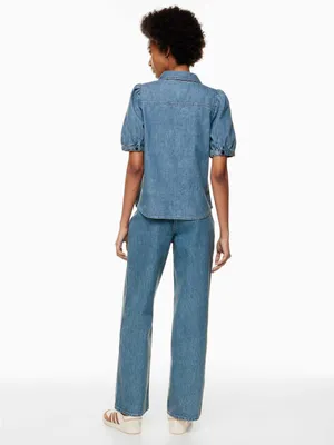 Aritzia Wilfred Ocean‎ Medium Blue Puff-Sleeve Denim Button-Down Shirt Size XS thumbnail 8