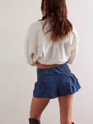 Free People We The Free Alani Pull-On Chambray Denim Ruffle Shorts Boho Blue M thumbnail 2