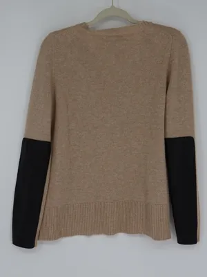 J.Crew Wool Cashmere V-Neck Sweater Small Tan Leather Sleeve Panels Tan thumbnail 8