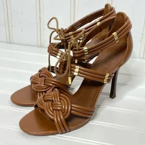 Tory Burch Tan Brown Leather Knotted Strappy Lace Up Stiletto Heels Sandals 9.5M thumbnail 2
