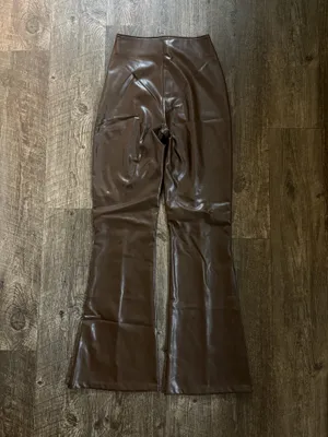 Abercrombie & Fitch Vegan Leather Brown Flare Pants thumbnail 6