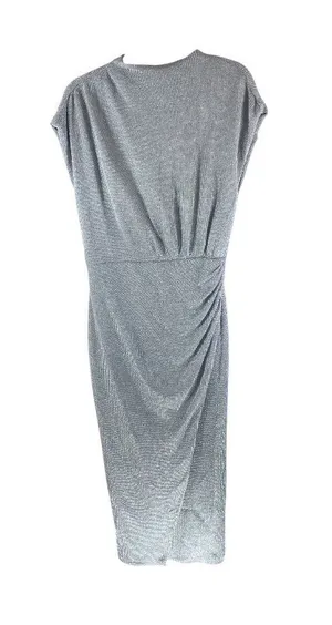 Saylor Astrid Chainmail Faux Wrap Dress Ruched Waist Silver Metallic L thumbnail 1