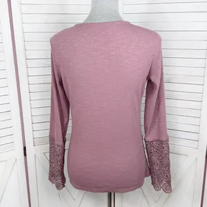 Ribbed Knit Lace Cuff Long Sleeve Henley Shirt‎ Mauve Dusty Rose Size Large thumbnail 5