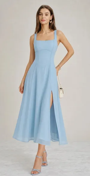 RIHOAS Powder Blue Square-Neck Midi Dress with Side Slit thumbnail 1
