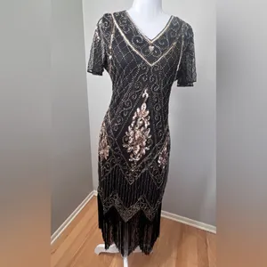 #10 Vintage-Inspired Black Beaded Flapper Dress with Fringe-Large/Size 14 thumbnail 3