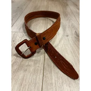 Vintage Tan Floral Tooled Leather Western Belt Woven Detail Size 32 thumbnail 2