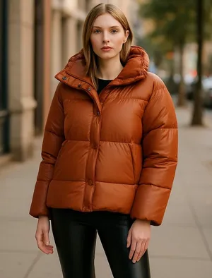 NWT NVLT Women’s Vegan Leather Puffer Coat In Color Luggage thumbnail 1