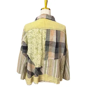 Oli & Hali Patchwork Mixed Media Jacket Shirt Green Plaid Boho Oversized Large thumbnail 3