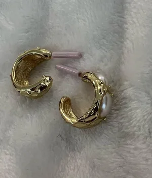 Gold Hoop Earrings with Pearl Accent thumbnail 1