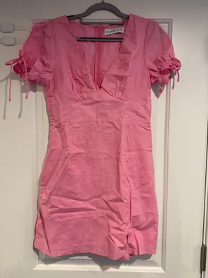 Hello Molly Pink Mini Dress Women's Size M V Neck Coquette Linen Cotton thumbnail 4