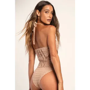 Lulus Beige Crochet Cutout Bodysuit One Piece Swim Coverup Festival Boho Medium thumbnail 2