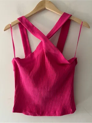 Zara Hot Pink Ribbed‎ Cross Halter Crop Top Knit Tank thumbnail 2