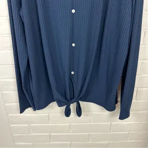 LOFT Navy Ribbed Knit Button Tie Front Long Sleeve Top Size XL thumbnail 4