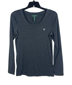 Lauren Ralph Lauren Women’s Dark Gray Scoop Neck Long Sleeve LRL Logo Top M thumbnail 1