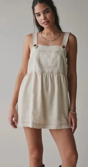 Anthropologie NWT ReMADE By UO Made In LA EcoVero™ Cream Linen Shortall Button-Straps Dress S thumbnail 1