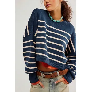 Free People Easy Street Stripe Crop Pullover Size Medium Navy Preppy Coastal thumbnail 2