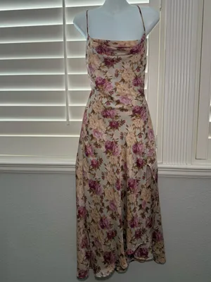 Astr the Label Gaia Cowl Midi Dress Taupe Fuschia Floral Small Wedding Guest thumbnail 2
