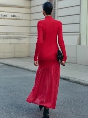 Commense Red Maxi Sweater Dress Ribbed Large Turtleneck Sheer Hem Evening thumbnail 9