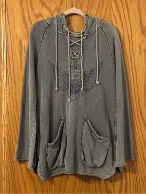 We The Free Women's Gray Lace-Up Hooded Pullover Hoodie - Size L thumbnail 2