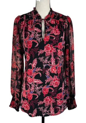 WHBM Small Tunic Top Floral Lined Long Balloon Sleeve Stretch Keyhole Smocked thumbnail 1