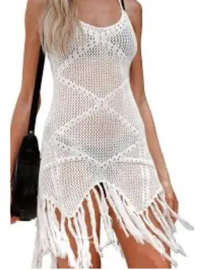Endless Blu White Crochet Fringe Cover Up Boho Festival Beach‎ Dress Size M thumbnail 1