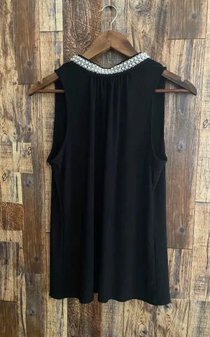 White House Black Market women's black tank top with pearl beads on neck thumbnail 1