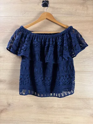 LIKELY Off-Shoulder Navy Lace Top XS thumbnail 2