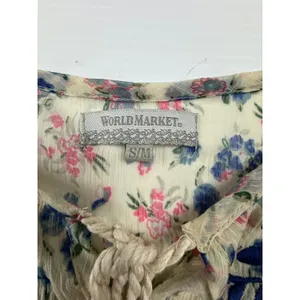 World Market Floral Embroidered Peasant Blouse Cream Blue‎ Pink S/M Smocked Top thumbnail 2
